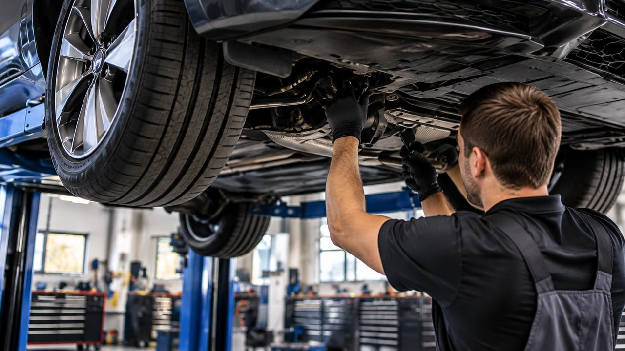 Mechaniker bei Reparaturarbeiten an einem Fahrzeug auf der Hebebühne
